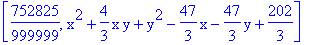 [752825/999999, x^2+4/3*x*y+y^2-47/3*x-47/3*y+202/3]